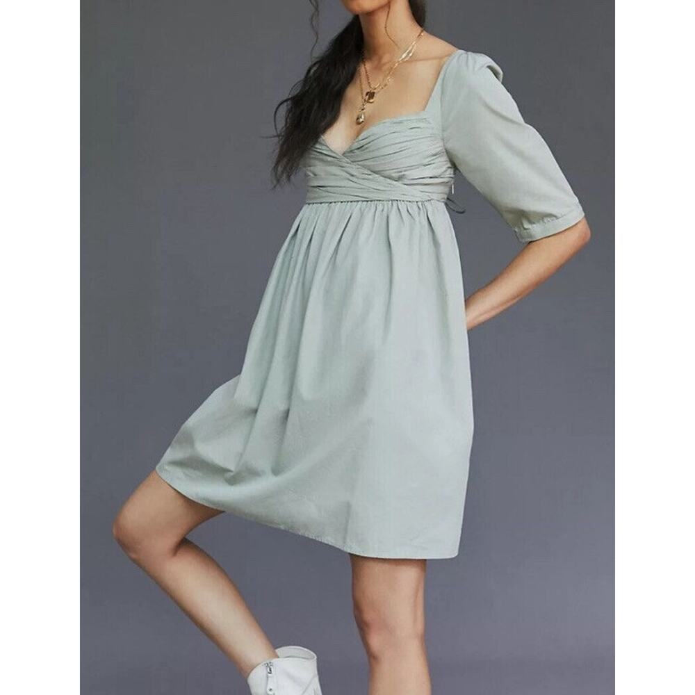 NWT Forever That Girl Sage Green Ruched Puff Sleeve Babydoll Mini Dress Medium